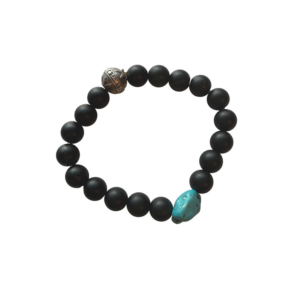 Mens‎ Kenton Michael Onyx Beaded Bracelet with Raw Turquoise and Silver Bead